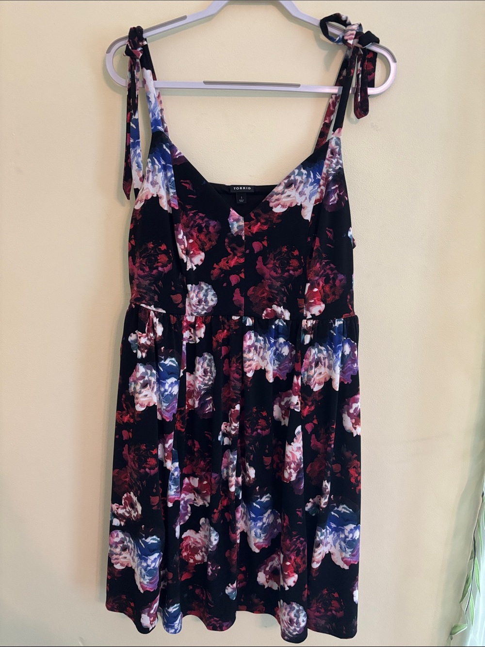 torrid black dress with pink, blue & red floral print
